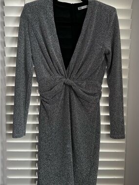 Zara Metallic Gray Twist-Front Long Sleeve Dress